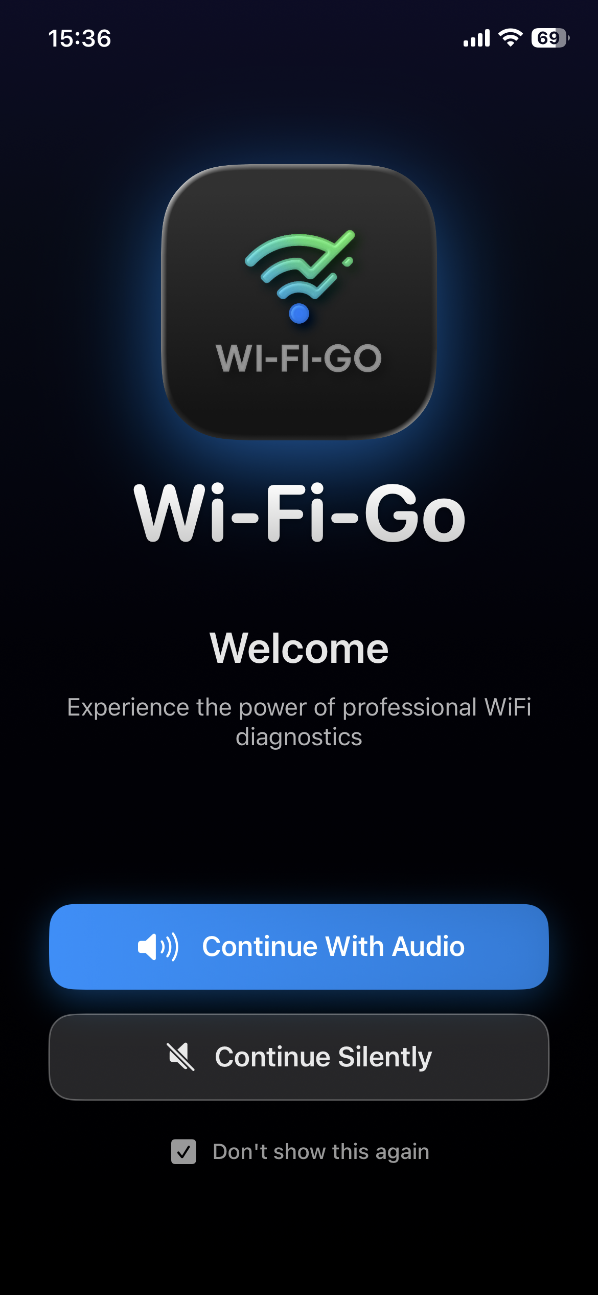 Wi-Fi-Go welcome screen — professional WiFi diagnostics for Apple