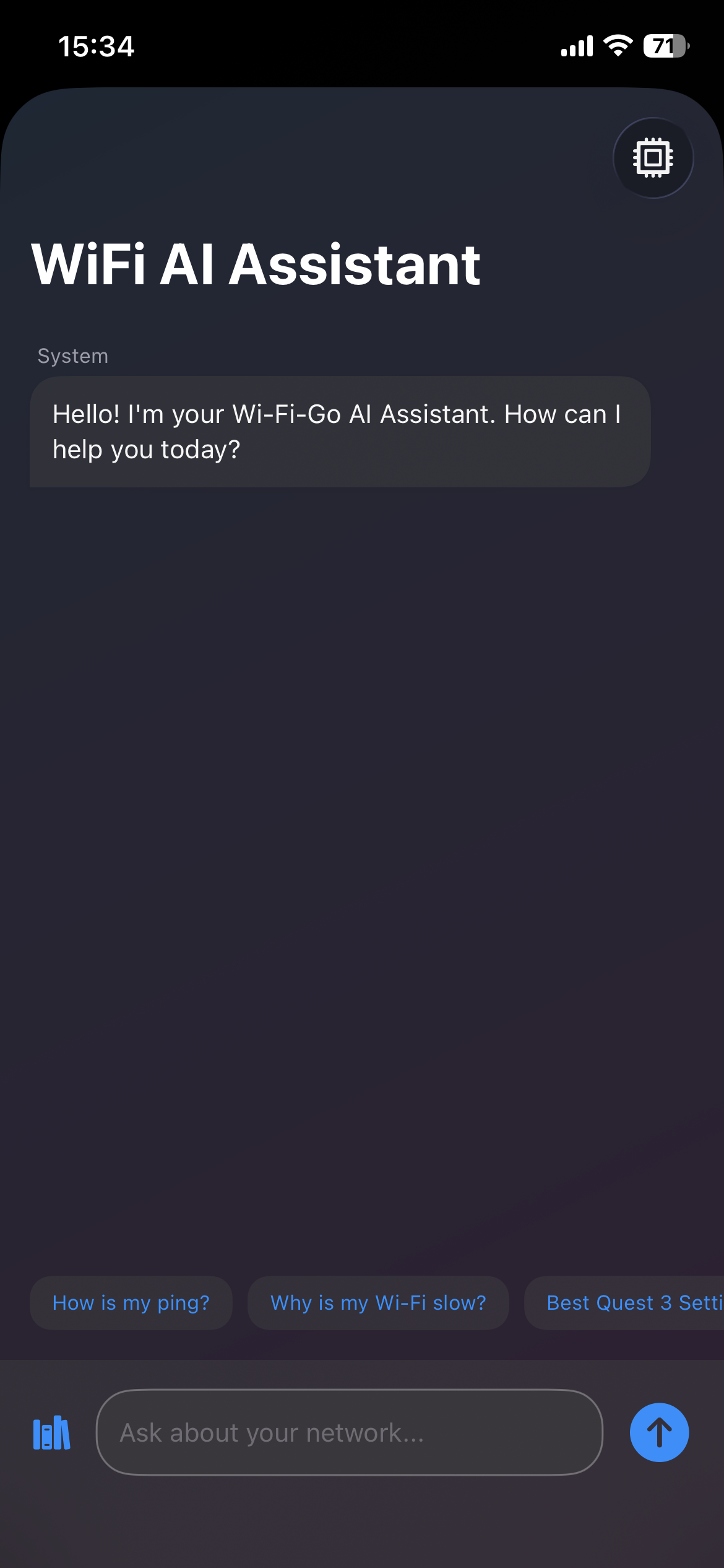 Wi-Fi-Go AI Assistant chat — ask questions about your network and receive expert, personalised advice