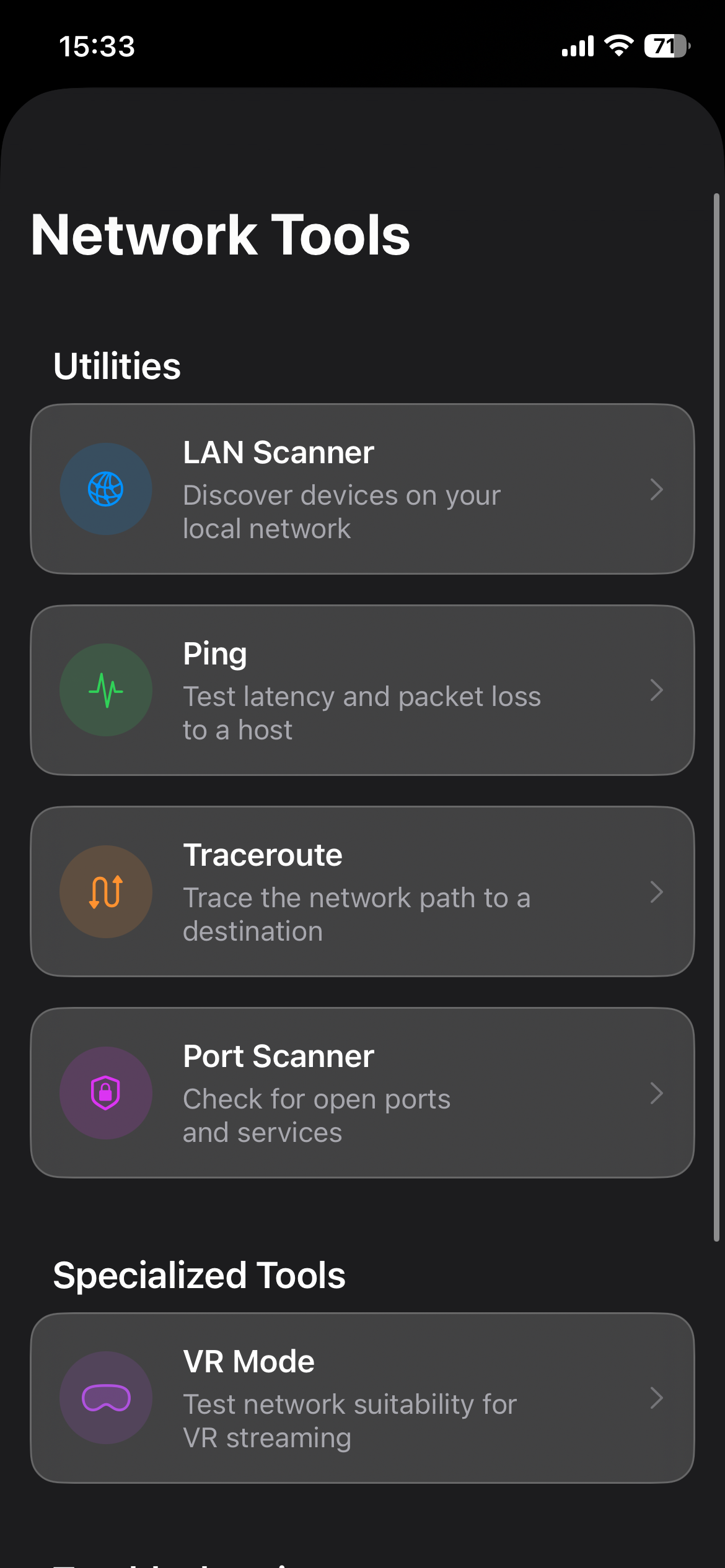 Wi-Fi-Go Network Tools menu showing LAN Scanner, Ping, Traceroute, Port Scanner, and Wi-Fi Fix