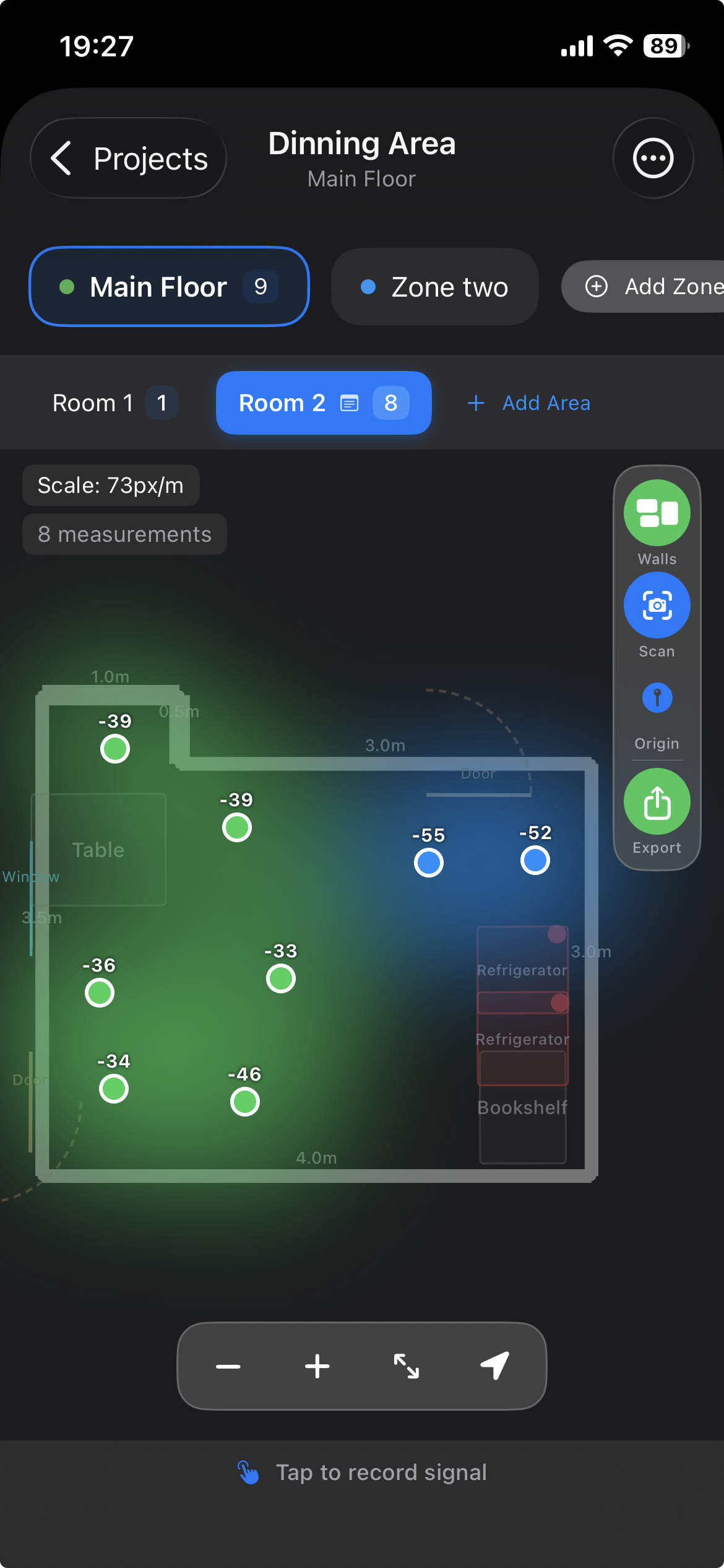 Wi-Fi heatmap floorplan with room signal readings and zone management